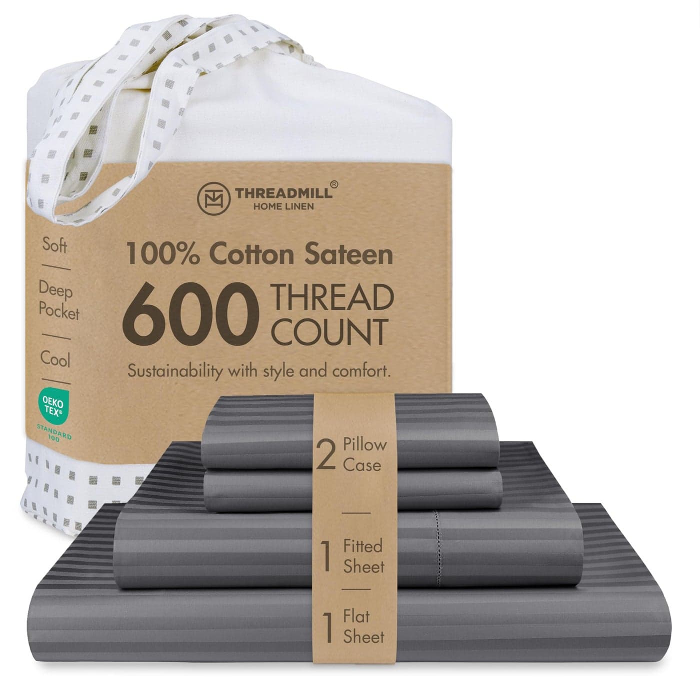 Threadmill 100 Cotton Sheets for Cal King Size Bed 600 Thread Count Cal King Bed Sheets Set with 16 Deep Pocket Damask Stripe Sateen Weave 4Piece Bedding Set with Cooling Effect Dark Grey