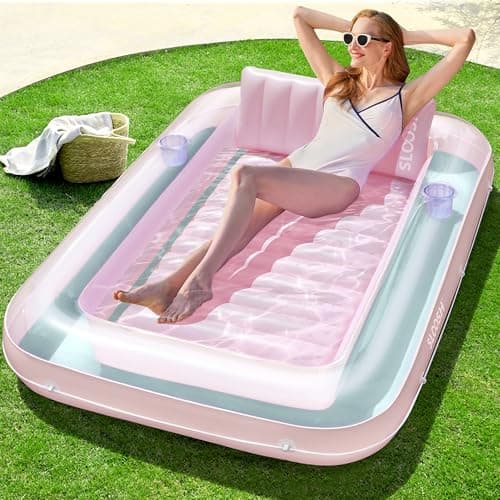 SLOOSH Inflatable Tanning Pool Lounger Float, 70" x 46" Pool Floats Adult with Pillow, 4 in 1 Suntan Tub Raft Floatie,Sunbathing Bed Lounge for Water Blow Up Kids Ball Pit Party Gifts, L-Cyan Pink
