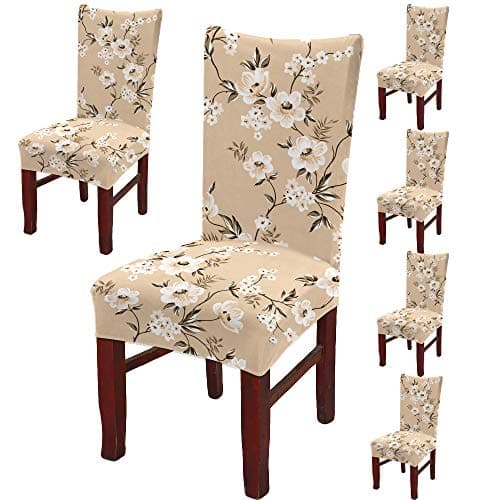 BRIDA ® Polyester and Polyester Blend Stretchable Floral Printed Elastic Dining Chair Covers (Beige Flowers, Standard)