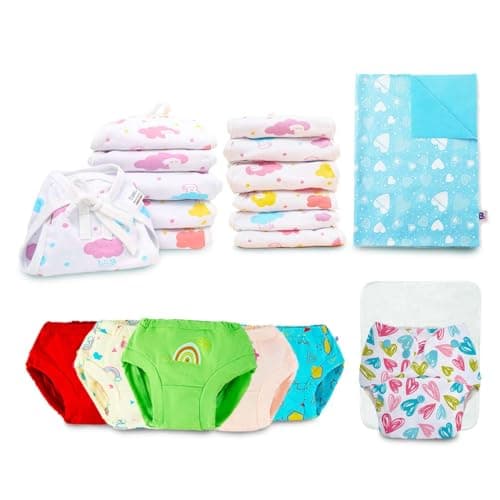 SuperBottoms BASIC™ Reusable Cloth Diaper - (BabyHearts) for 0-3Y | 5 Super Soft Briefs for 6-9m | 12 Soft & Breathable BASIC™ Langot for 0-9M | 1 Waterproof Diaper Changing Mat.