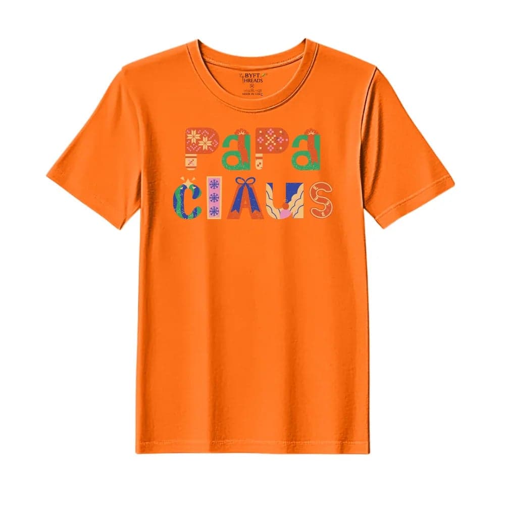BYFT Threads Large Orange Polycotton T-Shirt - Christmas "Papa Claus" Printed Design, Premium Holiday Collection