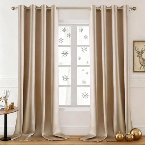 HOMEIDEAS 2 Panels Beige Faux Silk Blackout Curtains, 52 X 108 Inch Champagne Gold Room Darkening Satin Thermal Insulated Window Drapes for Bedroom, Indoor, Nursery