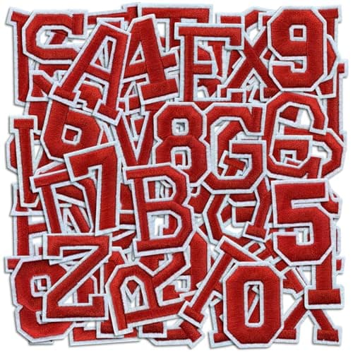 Letter and Number Iron On Patches AZ Alphabet and Numbers 09 Embroidery Applique Patch DIY Decorative Heat Press Patches for Clothing Jeans Jackets Backpacks Hats Red 72 Pcs