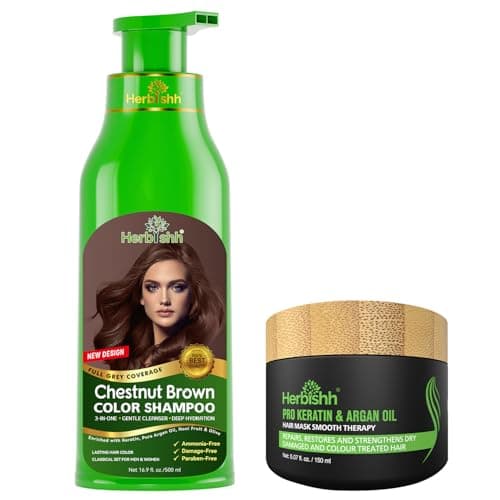 Herbishh Hair Color Shampoo for Grey Hair 500ml Argan Hair Mask for Dry or Damaged Hair Hair Dye Cover Grey Hair for Men and Women Chestnut Brown