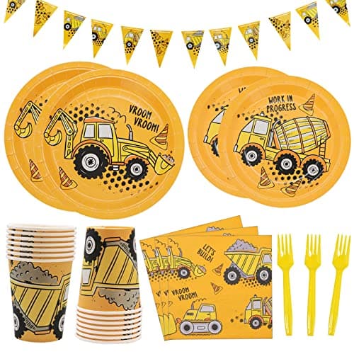 DYLIVeS 132 Pcs Construction Birthday Party Supplies Construction Disposable Tableware Set Dump Truck Party Table Decorations for Boy 9 and 7 Plates Napkins Cups Forks Banner Serves 24