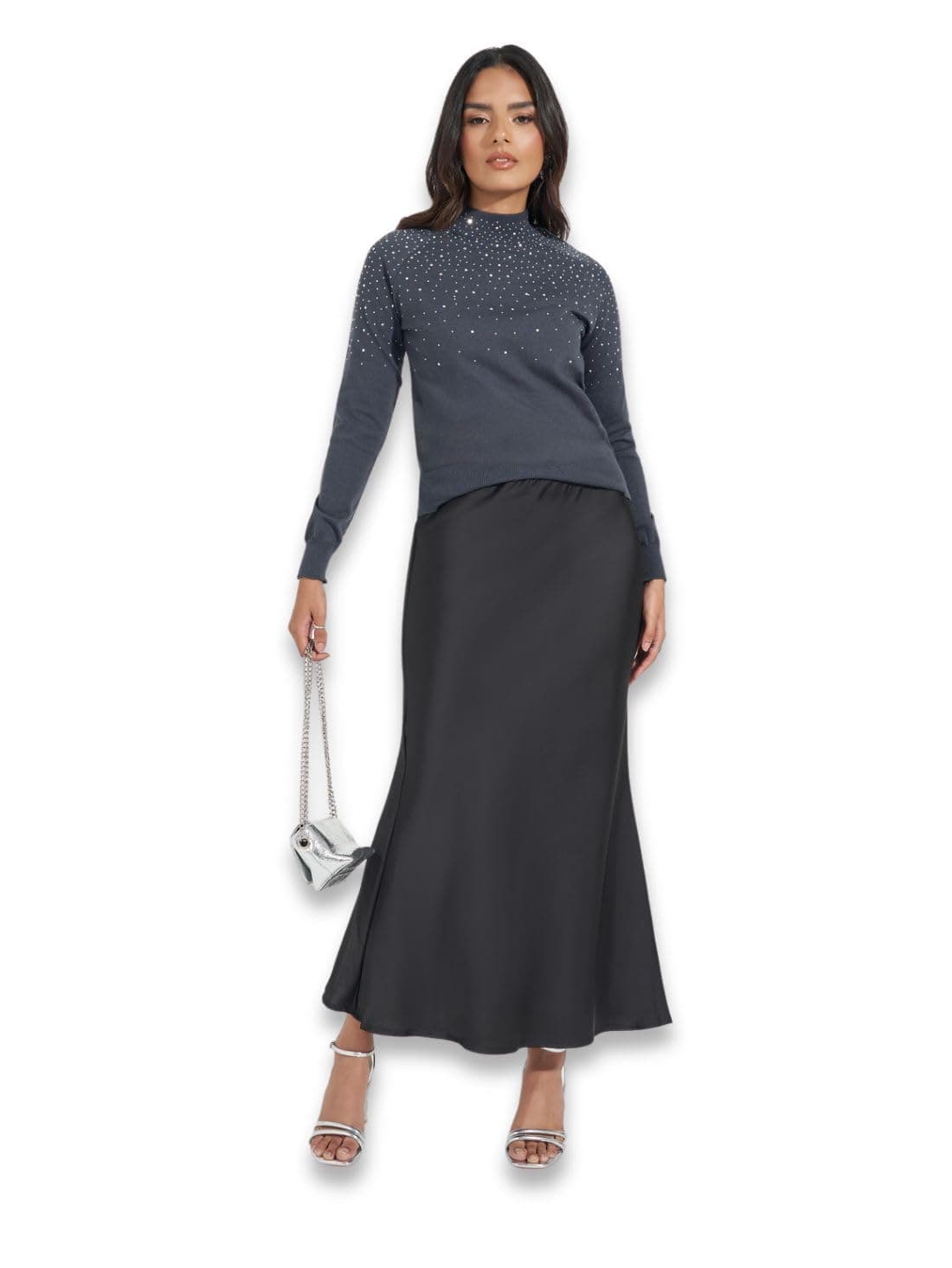 Styli Women Charcoal Embellished Detail High Neck Sweater