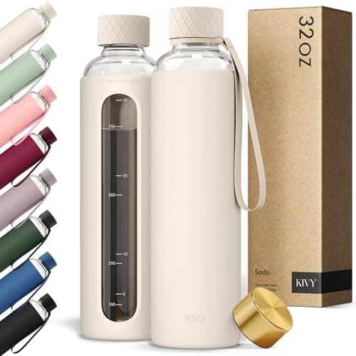 KIVY Glass Water Bottle with Silicone Sleeve 32 oz WITH MEASUREMENT Borosilicate Glass Water Bottle Screw Top Clear Bottles with Measurement Marking Slim Waterbottle Aesthetic Cream White