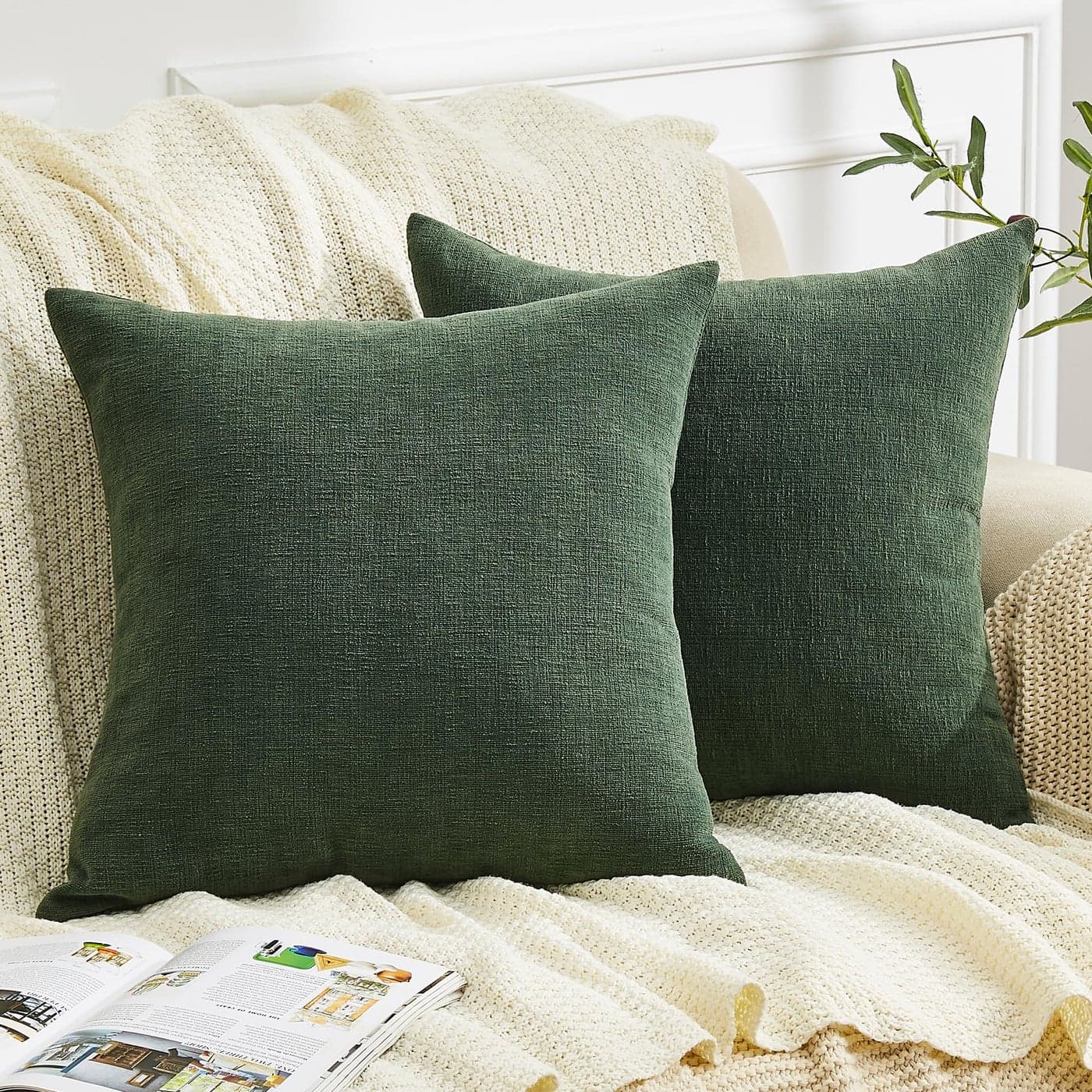 GAWAMAY Decorative Square Throw Pillow Covers 18x18 Inch Set of 2 Super Soft Chenille Pillows Cover Pillowcase for Living Room Bedroom Sofa Couch Cushion Cover Dark Green 45x45cm No Insert
