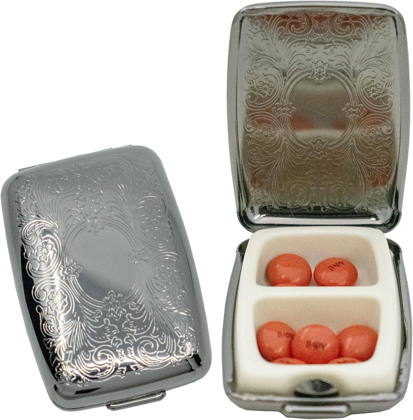 Set of 2 Etched Rectangular Pocket Purse Pill Box & Organizer with Dual Compartments (Victorian - Pewter)