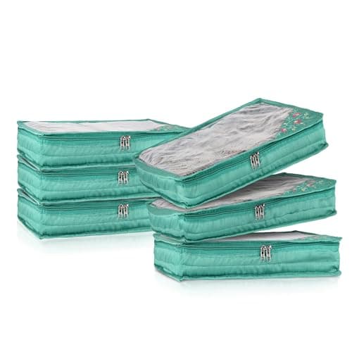 Kuber Industries Satin Saree Cover,Clothes Storage Bag,Suit Packing Cover,Cloth Stoarge Organizer,Wardrobe Cloth Storage Organiser with Zip,Side Embroidery-Design,3 Inch,Pack of 6,Green