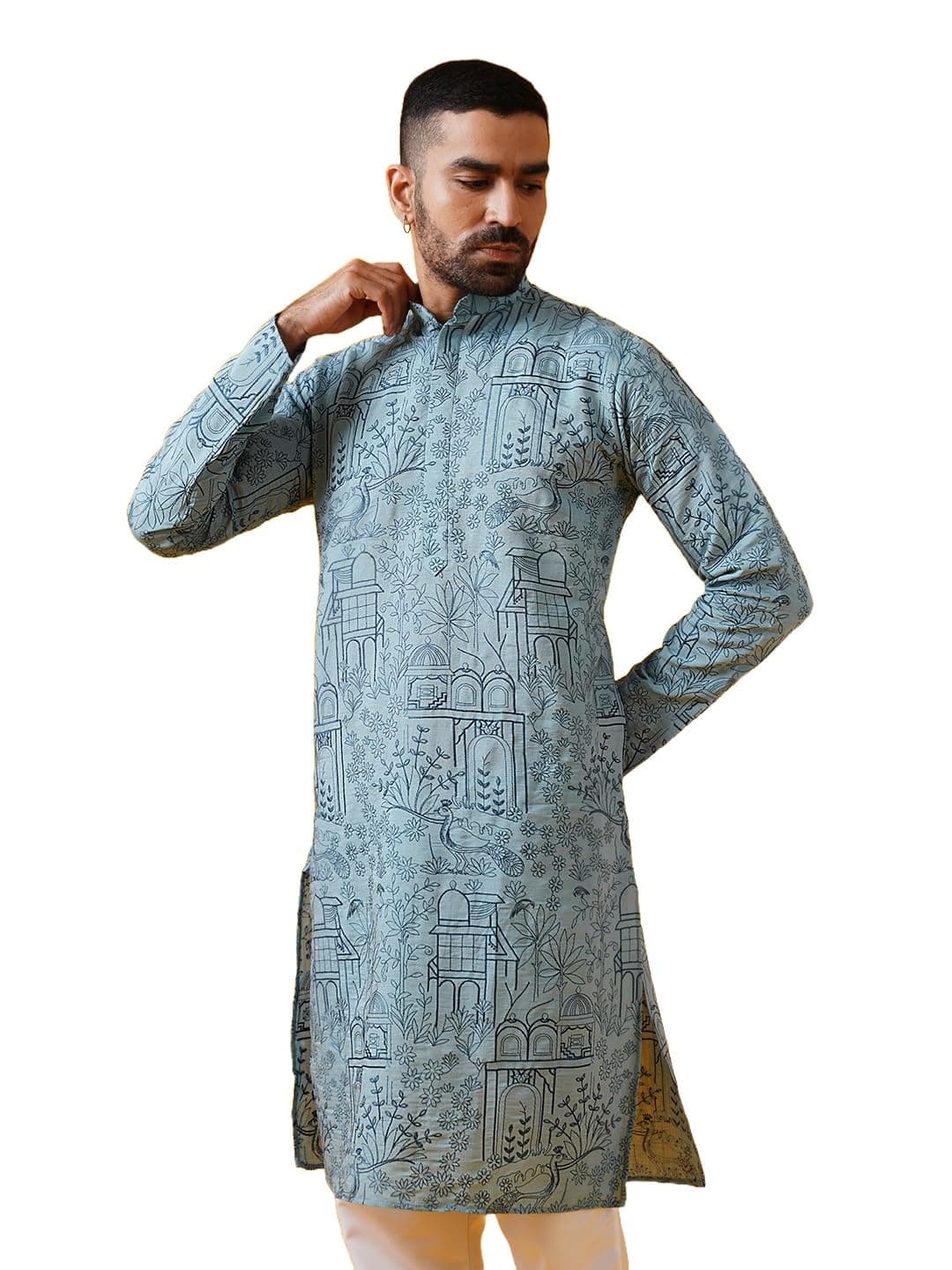 SOJANYA (Since 1958 Men's Cotton Silk Kantha Thread Embroidered Blue Long Kurta