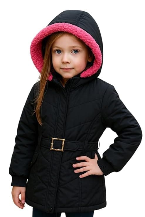 Krystle Girls’ Hooded Winter Jacket – Warm Quilted Puffer Coat with Belt, Water-Resistant Outerwear for Cold Weather (Black,7-8 Years) (Cool Dezine)