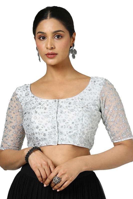 Soch Womens Silver Net Embroidered Padded Blouse with Sequins