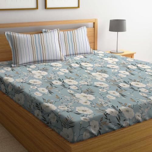 LOOMLYFE 300 TC Microfiber XXL Soft Cotton Super King Size Bedsheet for Double Bed, King Size 108 Inches X 108 Inches, 9 Feet, 275 X 275 cm with 2 Large Size Pillow Covers - SkyBlueFlowers