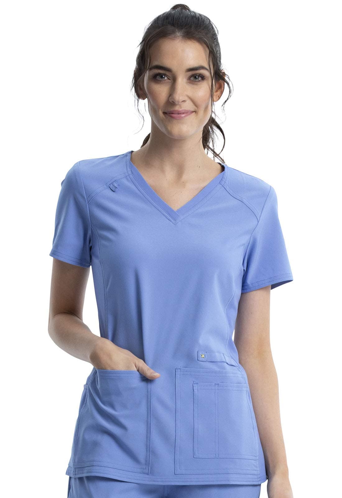 Cherokee Women's Iflex V-Neck Knit Panel Top, Ciel, L