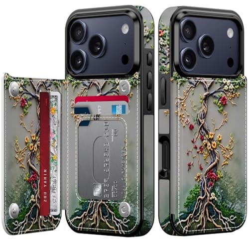 FUNMIKO for iPhone 17 Pro Max Wallet Case with Card Holder + Cash Clip, RFID-Blocking, Military-Grade Drop Protection & UV-Printed Artwork, Magnetic Closure with Kickstand - Blooming Tree of Life