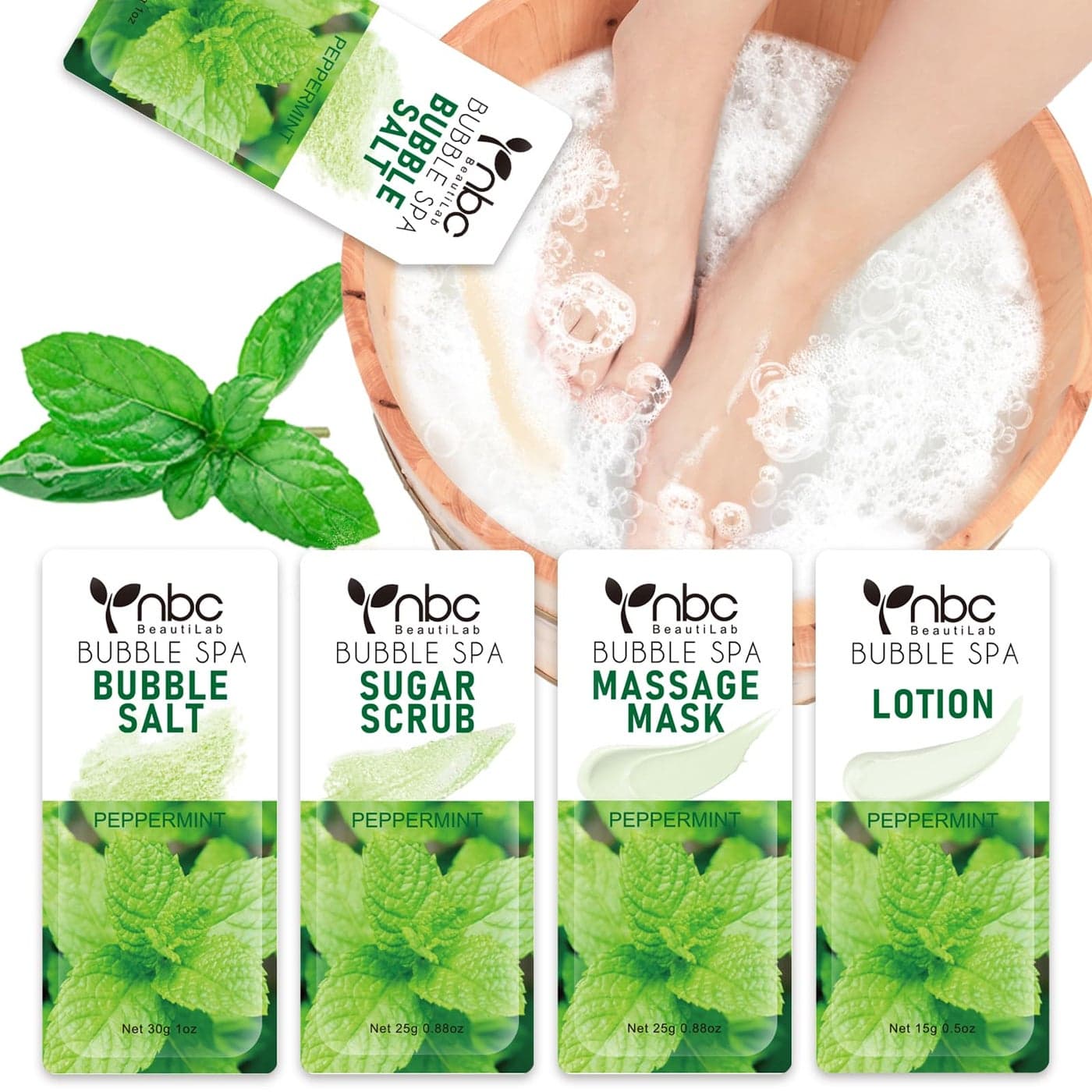 nbc BeautiLab Pedicure Kit Foot Soak Set Bubble Salt Sugar Scrub Massage Mask Massage Lotion in a Box 4 Step Foot Spa Kit for Dry Feet Calluses and Tired Feet1 Set Peppermint