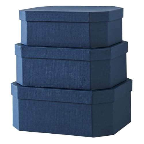 Soul Lane Octagon Textured Decorative Boxes in Navy Blue Set of 3 Unique Nesting and Durable Cardboard Memory Storage Boxes for Organizing Gifts Keepsakes