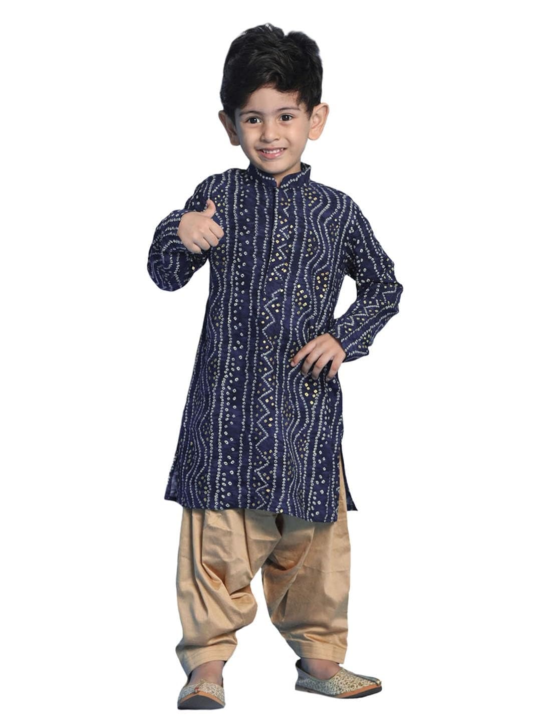 VASTRAMAY Boys' Blue and Rose Gold Kurta Patiala Set | Gold Bandhani And Foil Print Rayon Kurta With Pyjama for Navratri, Diwali & Festive Celebrations - Stylish and Comfortable Indian Outfit for Kids