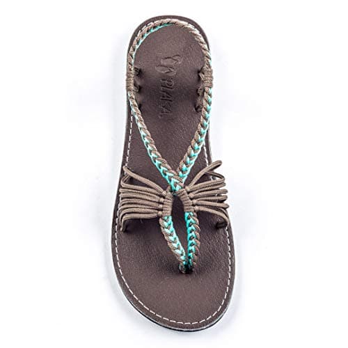 Plaka Seashell Flat Summer Sandals for Women | Perfect for the Beach, Walking & Dressy Occasions | Turquoise Gray | Size 8