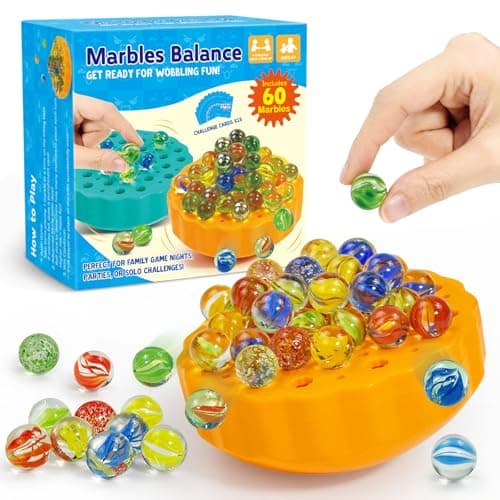 Ninigai Wobble Marble Game Balance Stacking Game for Kids 612 Families Fun Birthday Party Games with 60 Glass Marbles Dice Challenge Cards Indoor Tabletop Toy for 14 Players