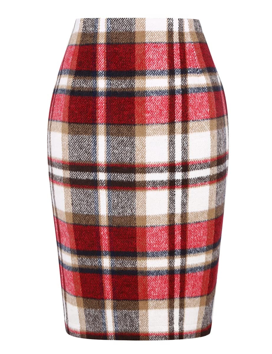 Plaid Pencil Skirts for Women Fall Winter High Waisted Bodycon Midi Wool Knee Length Skirt with SlitWine S