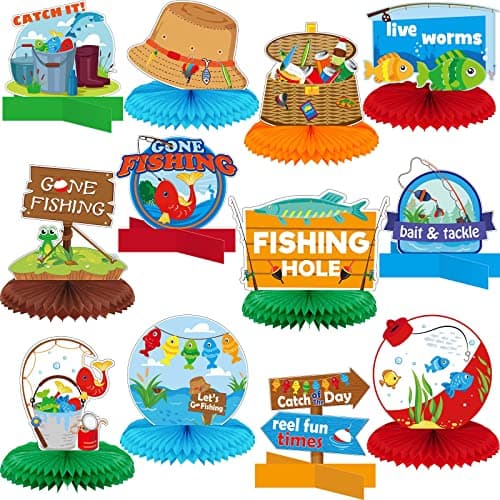 Zonon 12 Pieces Fishing Party Decorations Gone Fishing Party Decorations Table Honeycomb Centerpieces Fisherman Supplies Summer 3D Table Decor for Ofishally One Birthday Holiday Favor