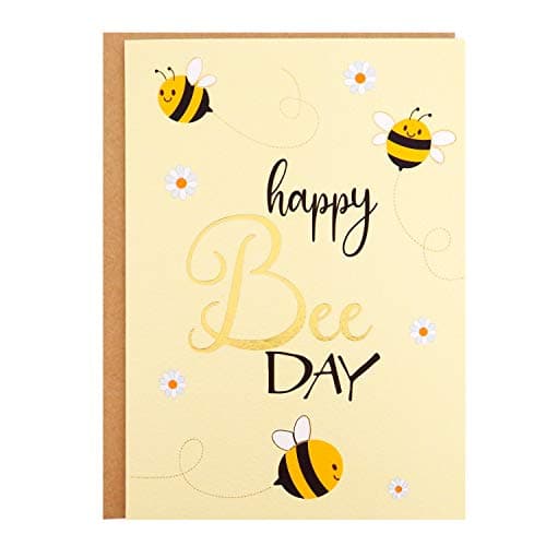 CHRIZ.Z Birthday Card - Single Happy Bee Day Birthday Greeting Card For Bee Themed Party - Gold Foil Bees and Lettering on Yellow Textured Paper with Kraft Envelope - 5" x 7" - Blank Inside