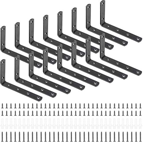 Favordrory 16 PCS 90 Degree Angle L Shaped Shelf Bracket, Corner Brace Joint Bracket Fastener, 5 x 3Inch Floating Shelves Bracket Support Wall Hanging with 96 PCS Screws and 32 PCS Anchors, Black