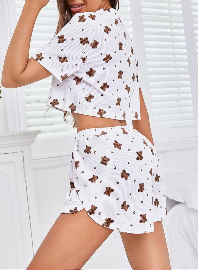Bear Print Crop Buttoned Shirt and Shorts Pyjama Set