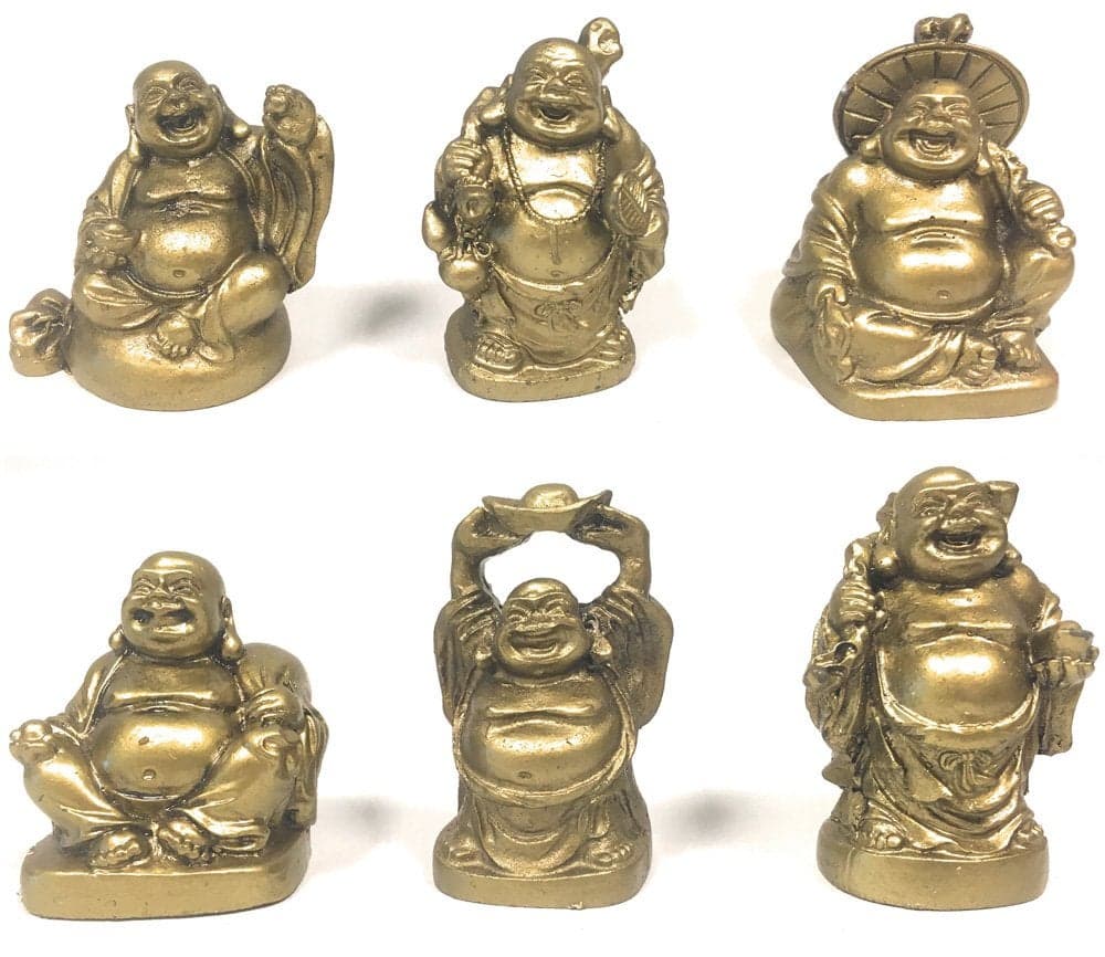 Amlong Crystal Laughing Buddha Figurine 2 inch Statue 6 Piece Set Gold