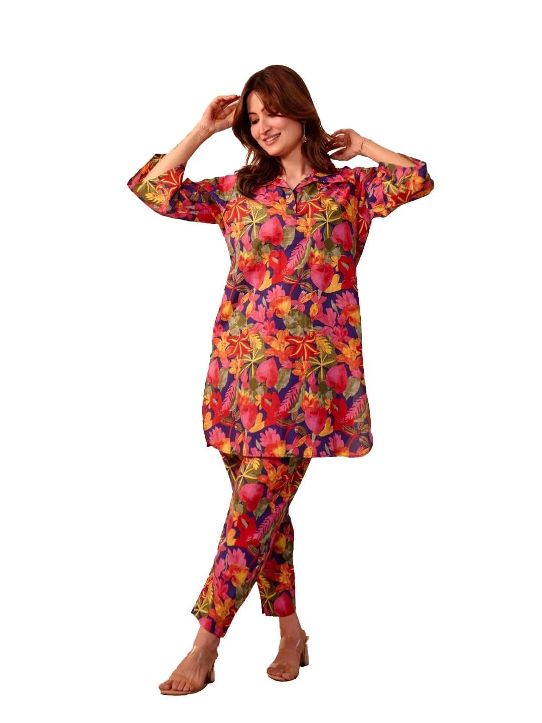 Trendy Queen Women Multicolor Print Co Ord Set Kurta Pant Summer Casual Lounge Outfit Three Quarter Sleeve Button Top Relaxed Fit Trousers Floral Citrus Design