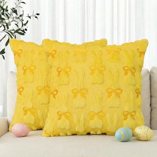AVOIN colorlife Easter Rabbits Yellow Embroidered Throw Pillow Covers 18 x 18 Inch Bunny Soft Plush Faux Fur Jacquard Cushion Case Decoration for Sofa Couch Set of 2