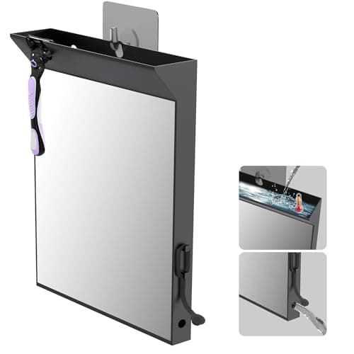 saiggnyy Wall Mount Anti Fog Mirror for Shower,Large Black Mirror for Bathroom,Hot Water Powered Defogging Shower Mirrors for Shaving for Women Makeup,Heated Makeup Mirror Hanging with Hook