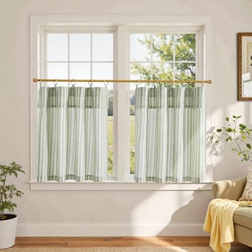 jinchan Striped Linen Kitchen Curtains with Attached Valance 24 Inch Length Cafe Tier Curtains for Living Room Rustic Half Window Light Filtering Rod Pocket Small Drapes 2 Panels Green