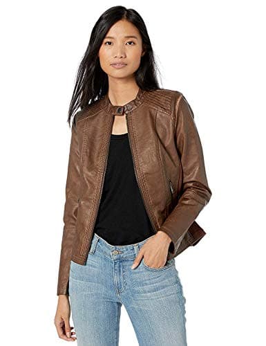 Sebby Collection Women's Faux Leather Jacket with Moto Details and Front Zip Pockets, Whiskey, Medium