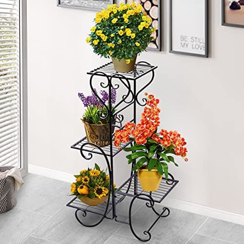 Bee Creative 4 Tier Wrought Iron Plant Stand Flower Stand Shelf Stainless Steel Flower Pot Flower Display Stand For Balcony Terrace Indoor Outdoor Classical European Style Sturdy and Durable (Black)