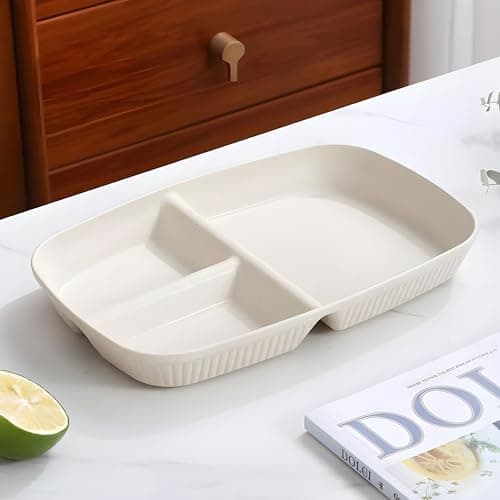 Motka Wheat Straw Rectangular 3-Sectioned Vada Pav, Dabeli, Idli Vada, Samosa Breakfast Plate| Portion Control Serving Dishe|3-Compartments Dinner Plate |Reusable, Microwave Safe (Nordic Beige, 1 Pcs)