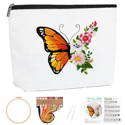 Louise Maelys Embroidery Kit Canvas Makeup Bag for BeginnersCross Stitch Kits for AdultsDIY NeedlepointButterfly and Floral Pattern