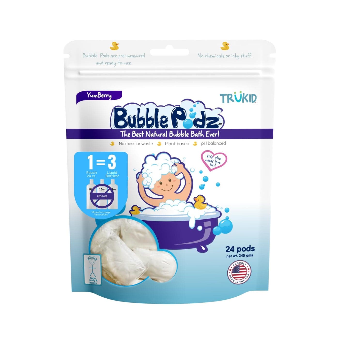 TruKid Bubble Podz Bubble Bath for Baby & Kids, Gentle Refreshing Bath Bomb for Sensitive Skin, pH Balance 7 for Eye Sensitivity, Natural Moisturizers and Ingredients, Yumberry (24 Podz)