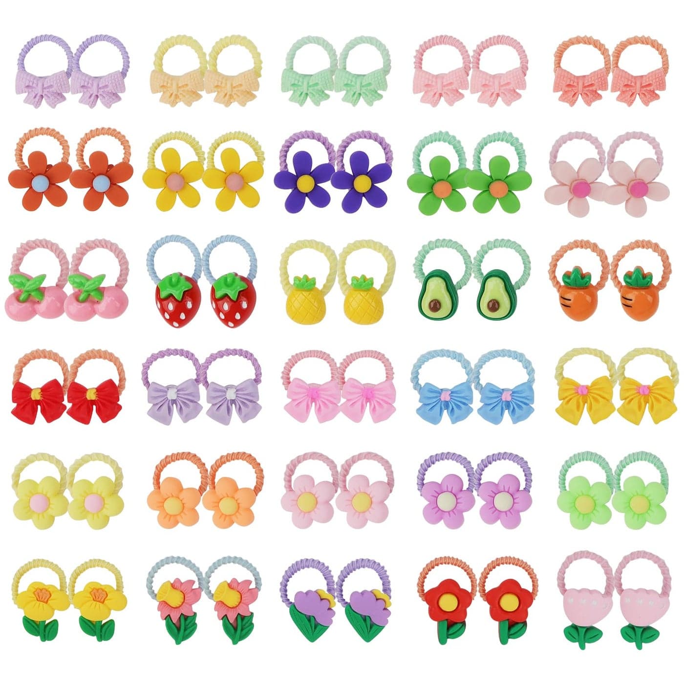 YISSION 60PCS Cute Hair Ties for Girls Colorful Elastics Hair Ties with Cartoon Flowers Bow Fruits Soft Rubber Bands Toddler Kids Baby Hair Accessories for Girls