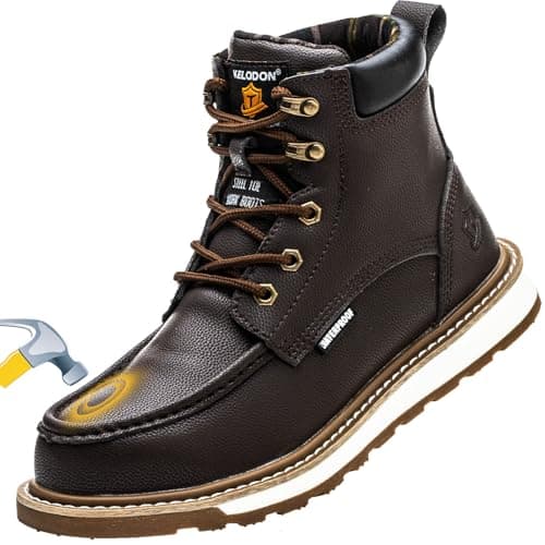 KELODON Waterproof Steel Toe Boots For Men-6" Leather Moc Toe Winter Warm Work Boots Mens Steel Toe Shoes Indestructible Non Slip Resistant Construction Safety Boot,Dark Brown,size 8 Men