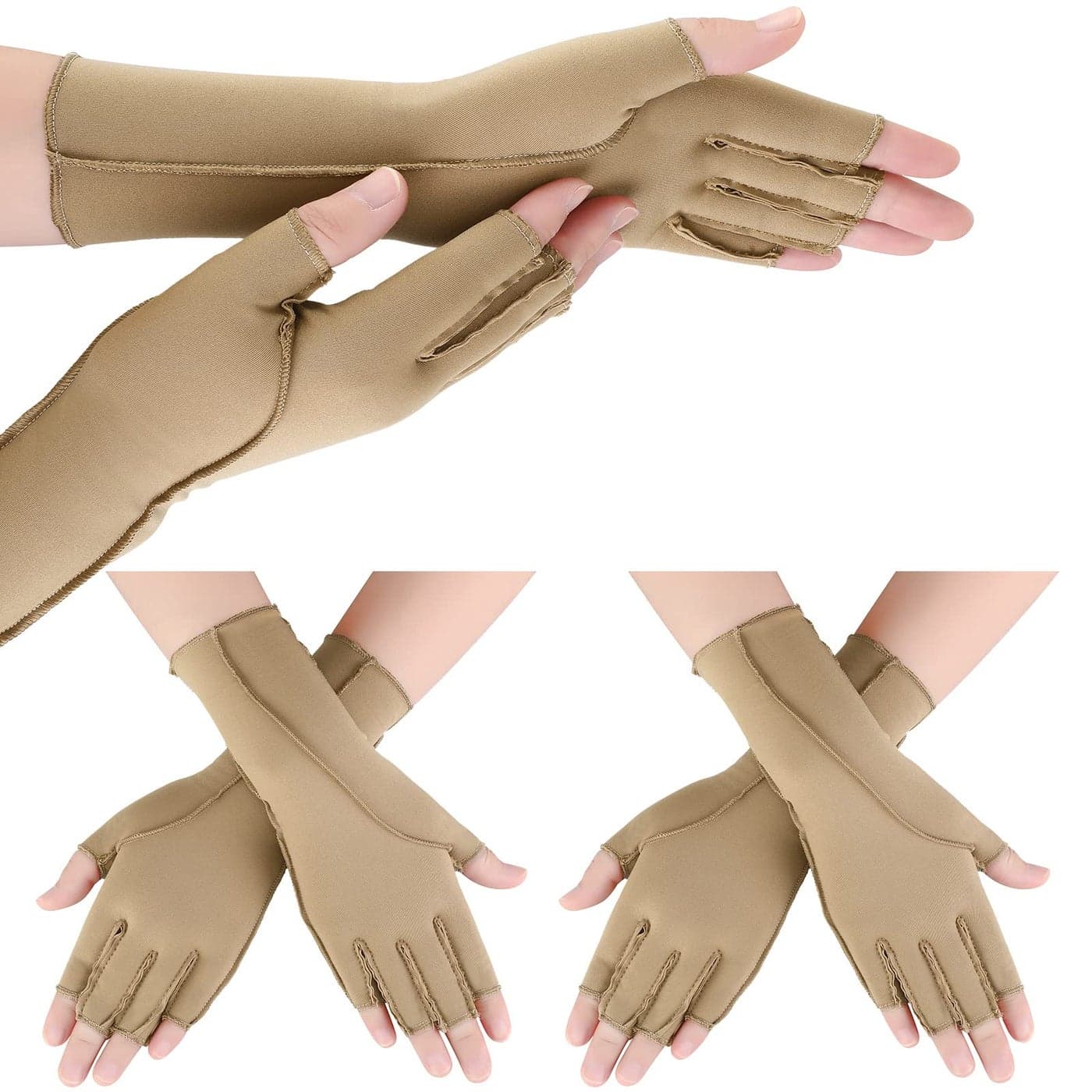 Janmercy 3 Pairs Arthritis Compression Gloves Women Men for Carpal Tunnel Pain Relief Seams Fingerless Gloves for TendonitisNormalNude