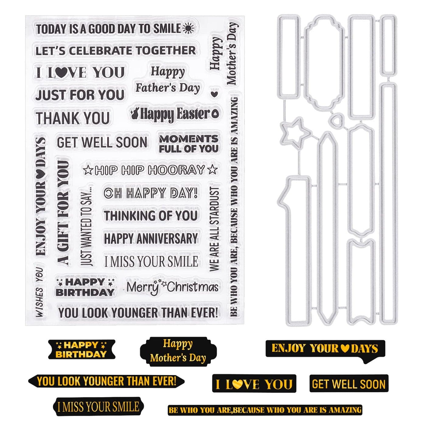 ORIGACH Sentiments Words Clear Stamps and Die Sets for DIY Scrapbooking Album Decorative Card Making