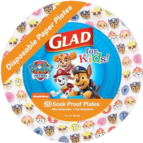Glad for Kids Paw Patrol Round Disposable Paper Plates, Emojis Design - Heavy Duty, Soak Proof, Microwavable Plates for Everyday Use, 7 Inch, 20 Count