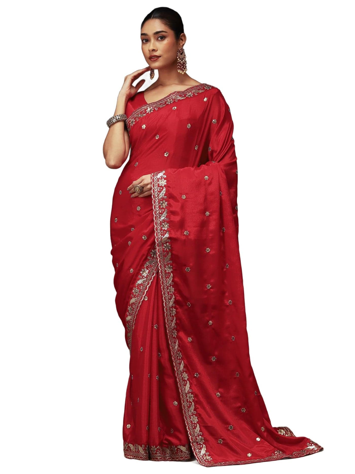 SAREE MALL Women's Red chinnon Embellished Saree With Unstitched Blouse Piece (GOPI3101_RX)
