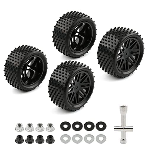 Rchobbytop 4 Pack RC Buggy Tires 12mm Hex Wheels and Tires 110 Off Road RC Buggy Wheels and Tires Tyres Set wLock Nuts and Wrench for Bandit VXL Tornado HSP Tamiya Kyosho Arrma etc