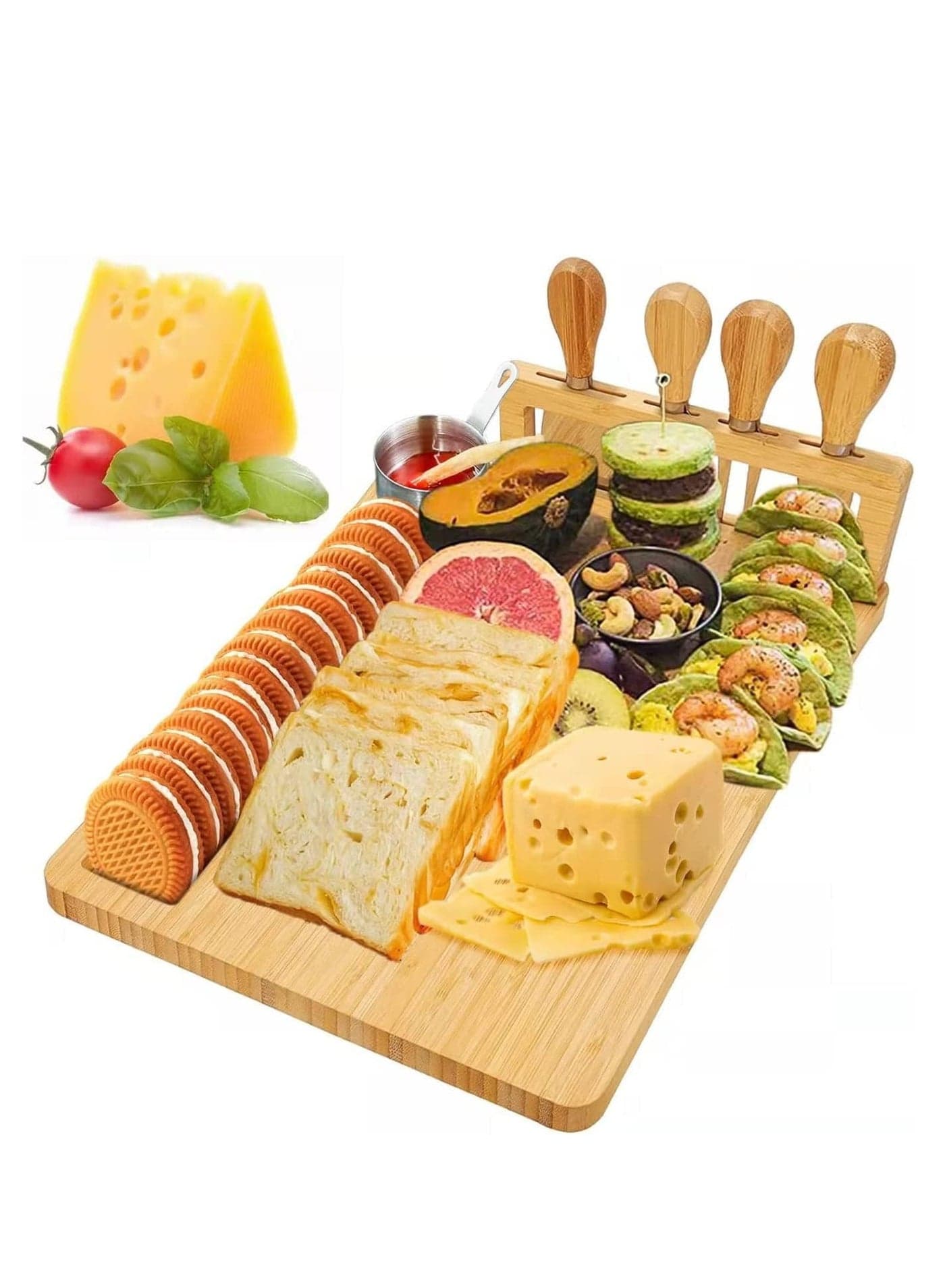 Bamboo Cheese Board Set Cheese Tray Charcuterie Board and meat dish service with 4 stainless steel cheese knives ideal for wedding gifts birthday party etc.