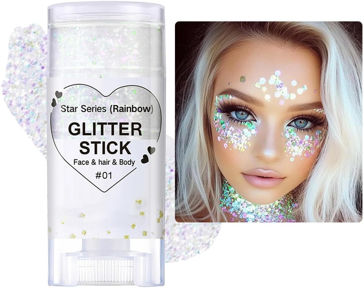 Mysense Rainbow Body Glitter Stick,Face Hair Glitter Christmas Makeup,Sparkling Mermaid Sequins Chunky Glitter Face Paint,Singer Concert Outfit Festival Rave Accessories for Women and Kids