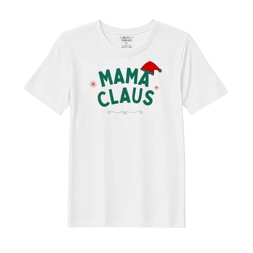 BYFT Threads XL White Polycotton T-Shirt - Christmas "Mama Claus Hat" Printed Design, Premium Holiday Collection